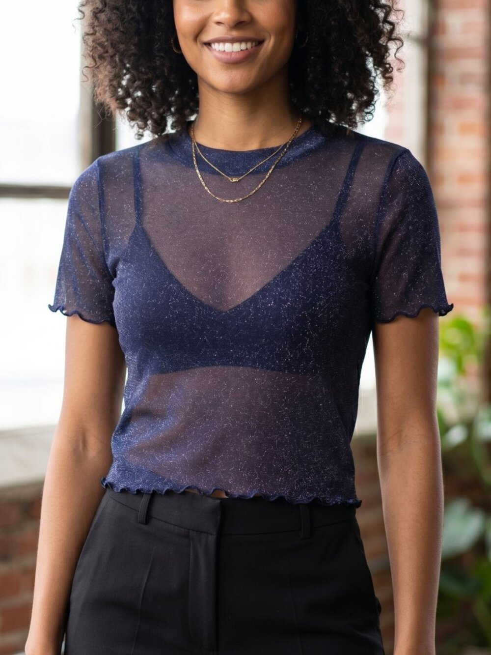 NWT | Avanova Blue Sheer Sparkly Metallic Mesh Short Sleeve Crop Top | XL
